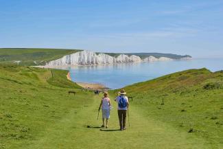 Couple walking in a field with the ocean in the background